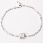 925 silver tennis bracelet featuring sparkling cubic zirconia stones and a square centerpiece with baguette-cut stones