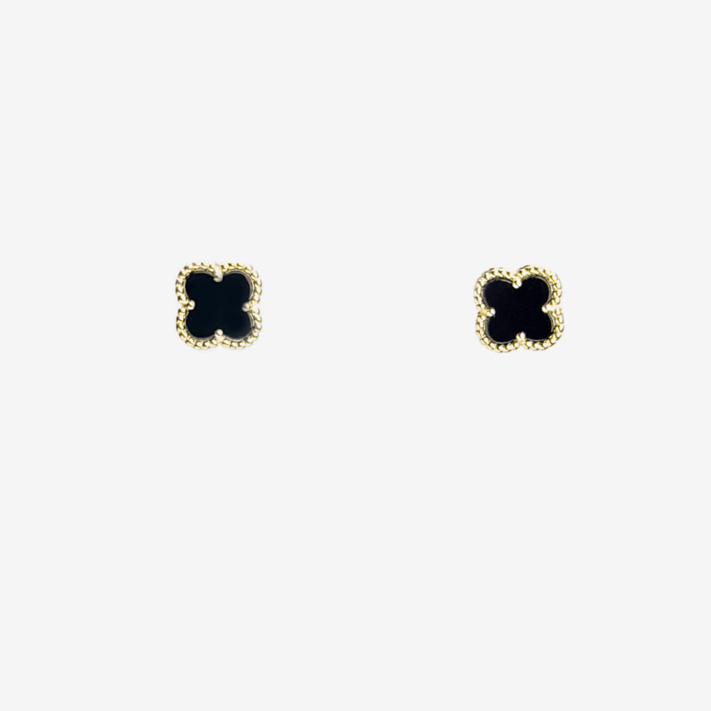 A pair of gold plated earrings with black onyx clover-shaped studs.