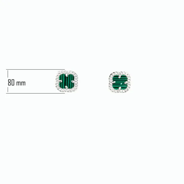 A pair of square silver earrings with a green malachite center and a silver border. The earrings measure 80mm in length.