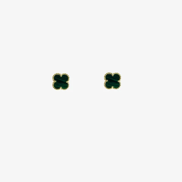 A pair of square stud earrings with a dark green malachite clover design and a gold border.