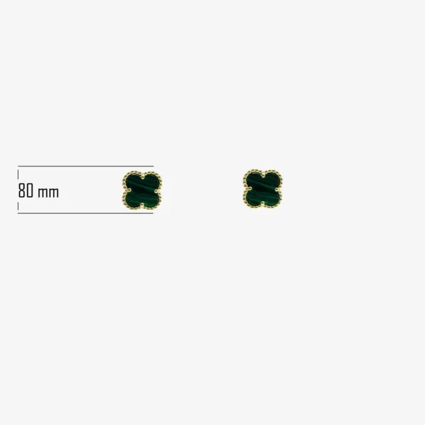 A pair of square stud earrings with a dark green malachite clover design and a gold border, measuring 80mm.