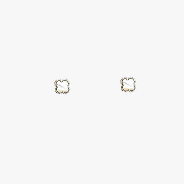 A pair of gold stud earrings with a white mother-of-pearl clover design.