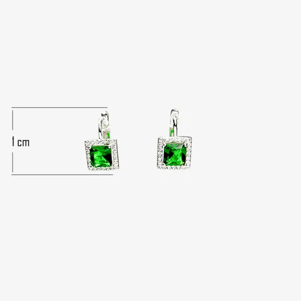 A pair of silver leverback earrings with square-cut emerald green gemstones surrounded by a halo of small, clear gemstones. The earrings measure approximately 1cm in length.