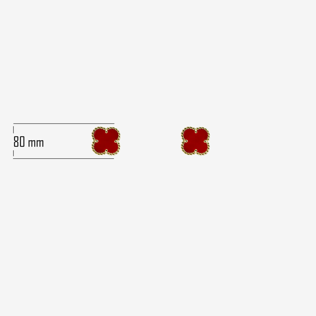 A pair of square stud earrings with a red clover-shaped design in the center and a gold border. The earrings are approximately 80mm in size.