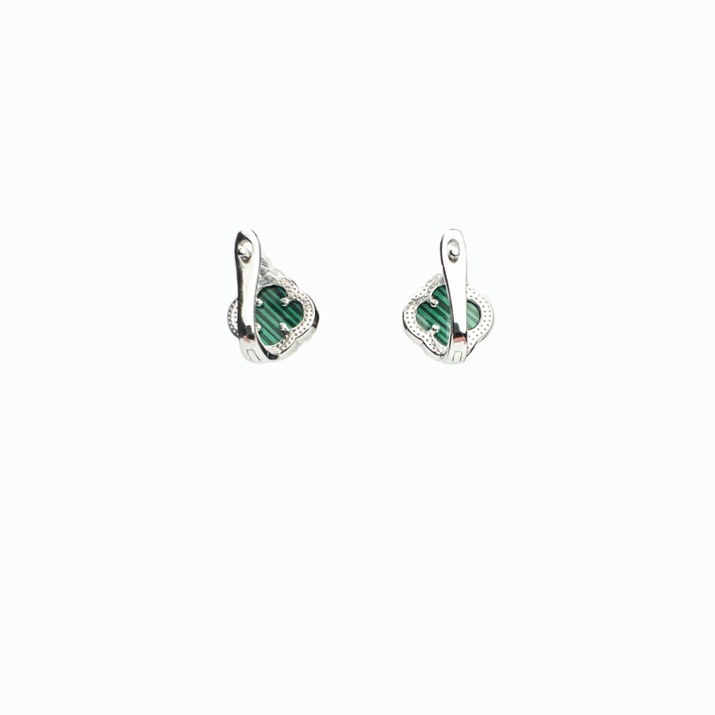 A pair of silver leverback earrings with square malachite gemstones surrounded by a raised silver border.