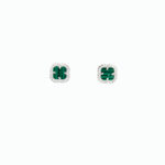 A pair of silver stud earrings with a square-shaped green malachite gemstone surrounded by small, clear diamonds.