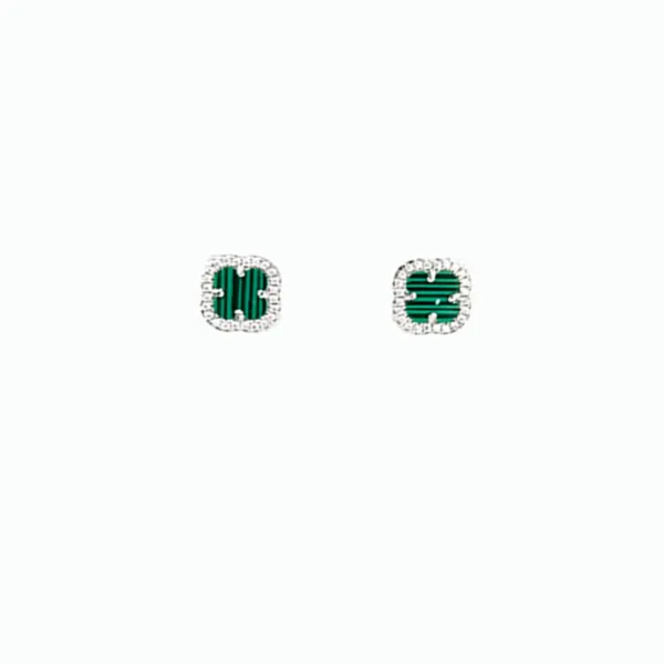 A pair of silver stud earrings with a square-shaped green malachite gemstone surrounded by small, clear diamonds.