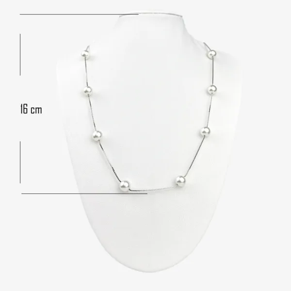 A 16cm silver box chain necklace with evenly spaced silver beads displayed on a white mannequin bust.