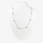 A silver ball chain necklace with evenly spaced silver beads displayed on a white mannequin bust.