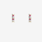 A pair of gold plated stud earrings with three vertically aligned rubies each surrounded by a diamond-shaped halo.