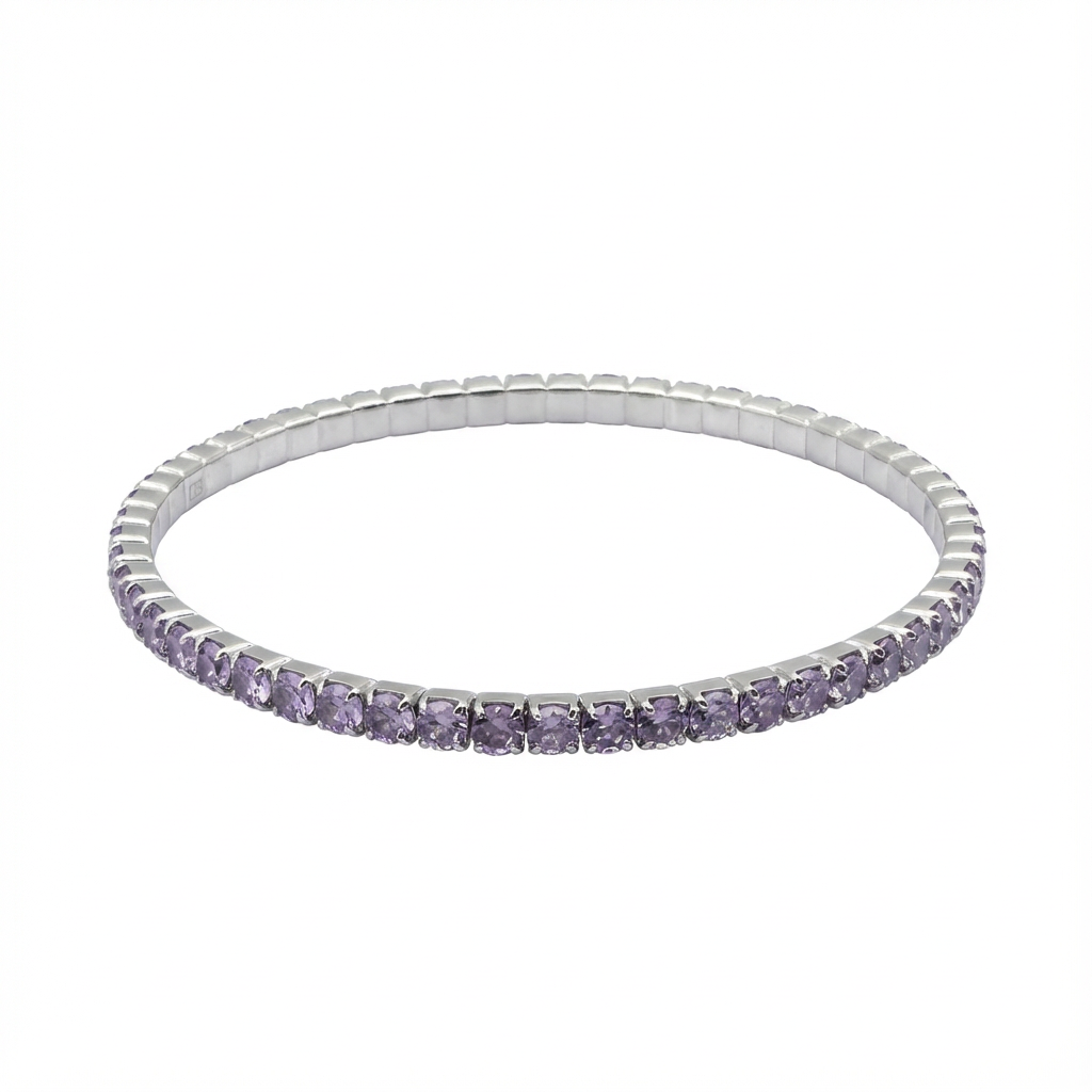 Sterling silver bracelet with purple cubic zirconia stones, top view