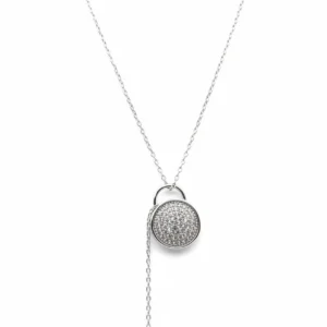 Sterling silver pendant necklace with round design and adjustable chain, front view