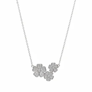 Sterling silver floral necklace with cubic zirconia, front view