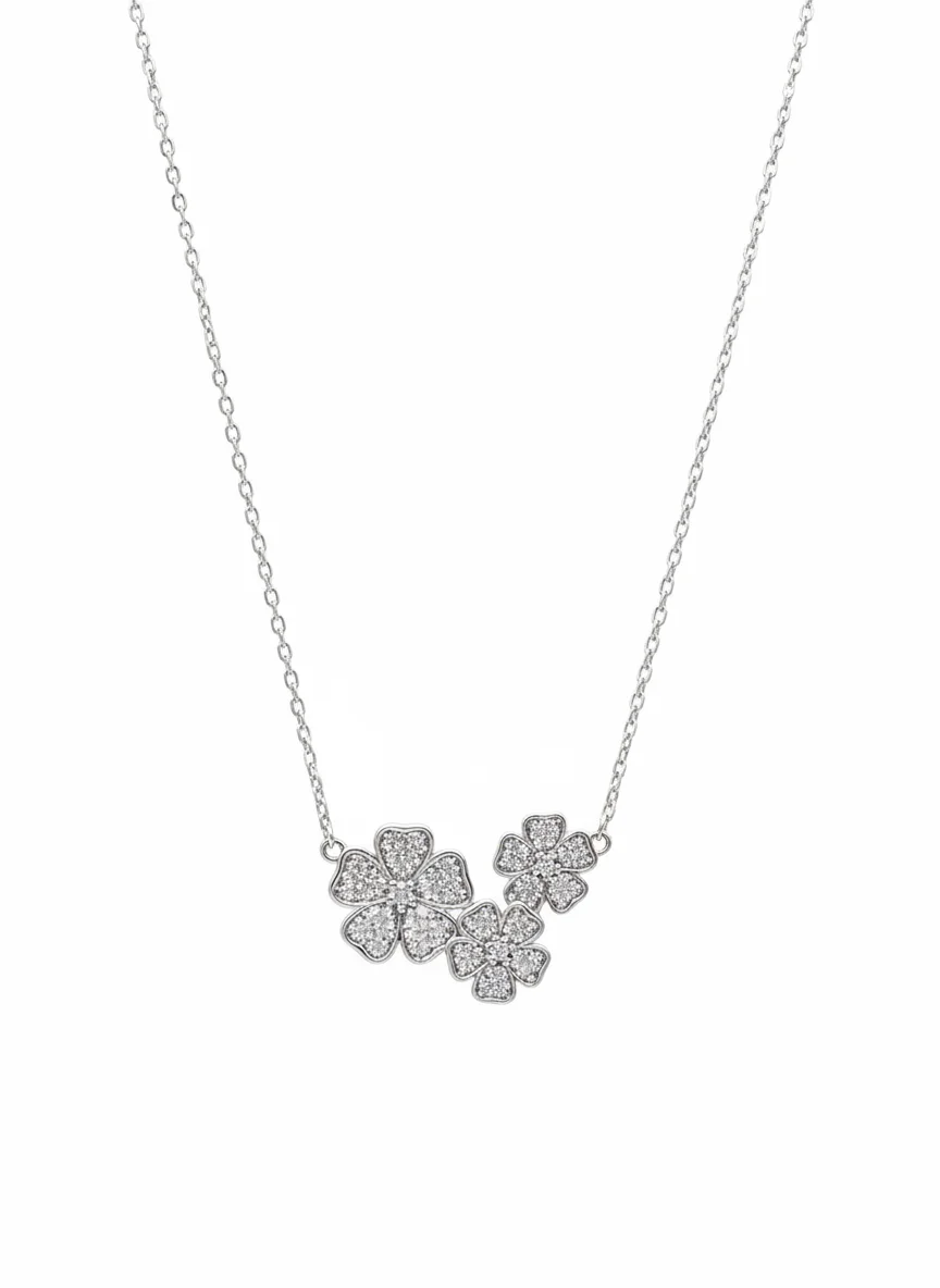 Sterling silver floral necklace with cubic zirconia, front view