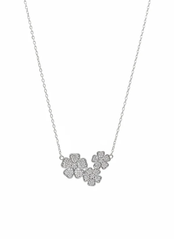 Sterling silver floral necklace with cubic zirconia, front view
