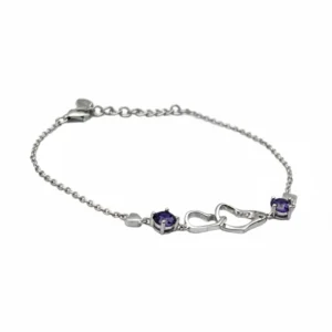 Sterling silver infinity bracelet with amethyst stones, front view
