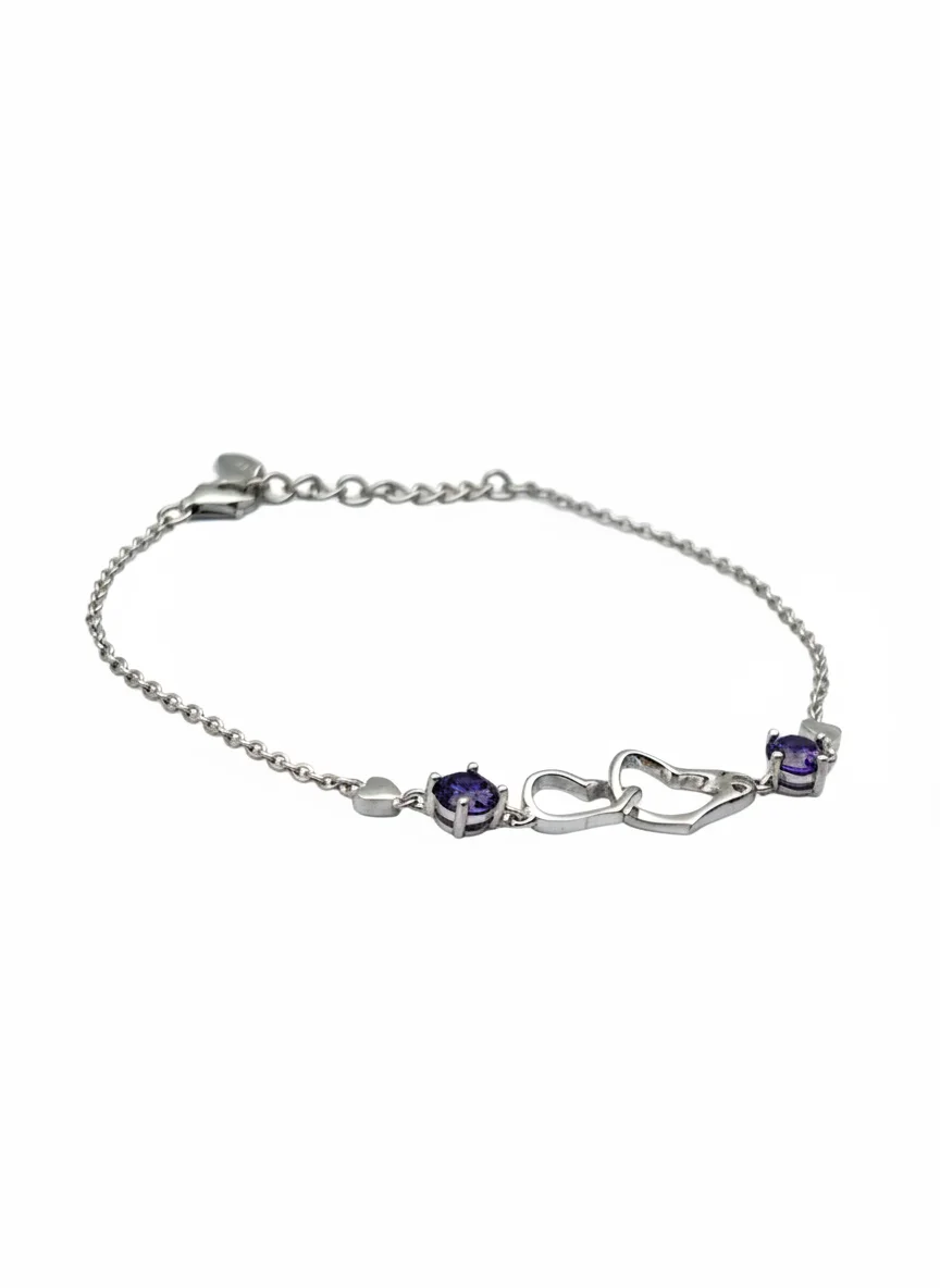 Sterling silver infinity bracelet with amethyst stones, front view
