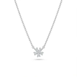 Sterling silver snowflake pendant on delicate chain, front view