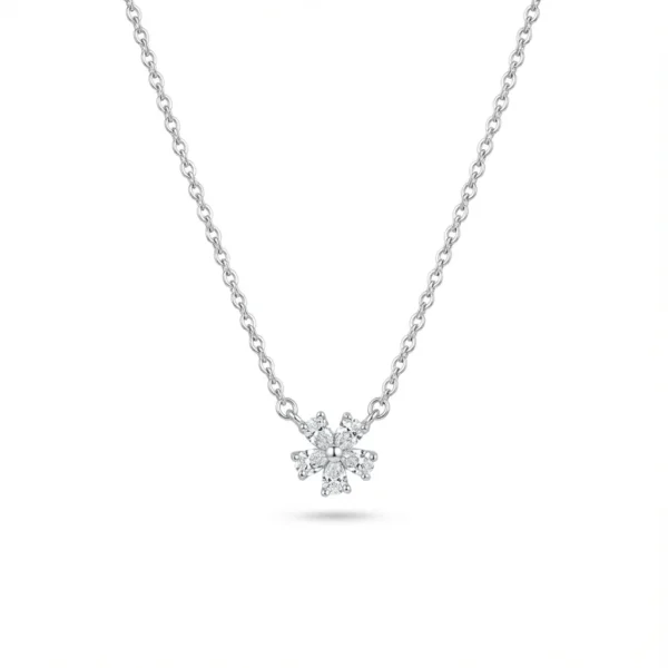 Sterling silver snowflake pendant necklace on chain, front view