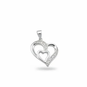 Sterling silver heart pendant with cubic zirconia accents, front view