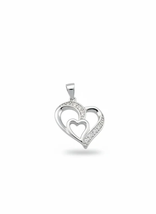 Sterling silver heart pendant with cubic zirconia accents, front view