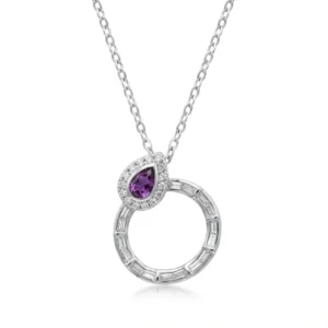 Sterling silver necklace with amethyst teardrop pendant and cubic zirconia circle, front view