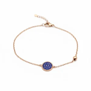 Rose gold-plated sterling silver bracelet with blue enamel charm, top view