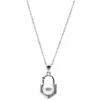 Sterling silver necklace with pearl pendant in lock design, front view