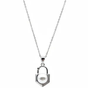 Sterling silver necklace with pearl pendant in lock design, front view
