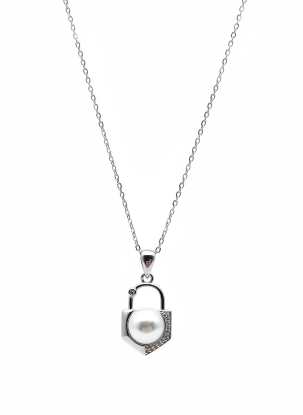 Sterling silver necklace with pearl pendant in lock design, front view