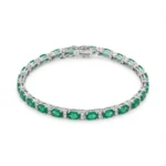 Sterling silver emerald tennis bracelet with box clasp, top view