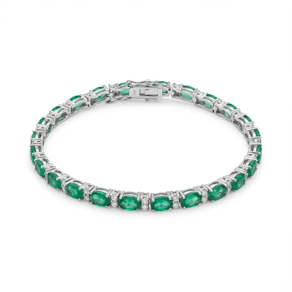Sterling silver emerald tennis bracelet with box clasp, top view