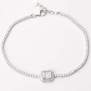 Sterling silver tennis bracelet with cubic zirconia stones, top view