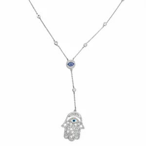 Sterling silver Hamsa hand necklace with evil eye pendant, front view