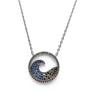 Sterling silver wave pendant with blue accents on chain, front view
