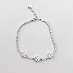 Sparkling Silver Tennis Bracelet with Triple Halo Cubic Zirconia Clusters