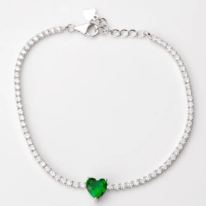 Sterling silver heart emerald tennis bracelet, top view
