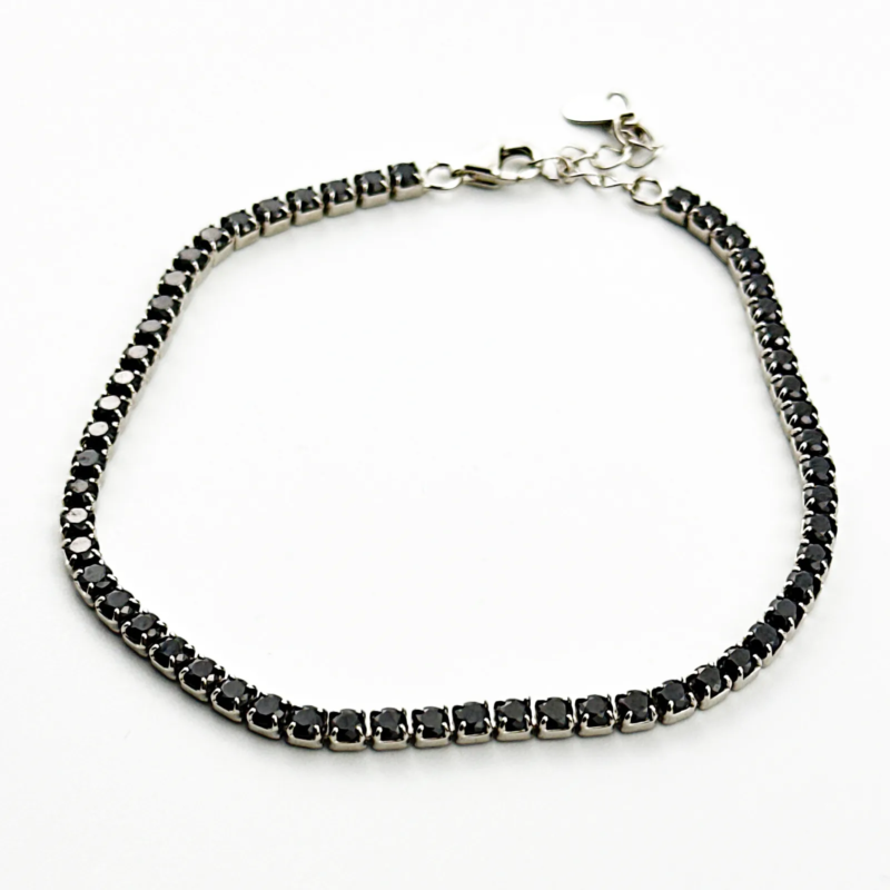 Sterling silver tennis bracelet with black cubic zirconia, top view