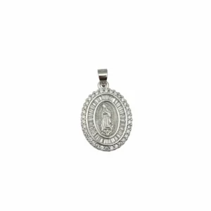 Sterling silver religious medallion pendant with intricate detailing, front view
