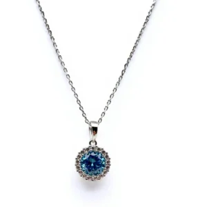 Sterling silver necklace with blue crystal pendant, front view