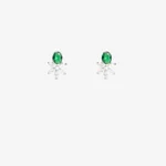 Sterling silver flower stud earrings with green gemstone, front view