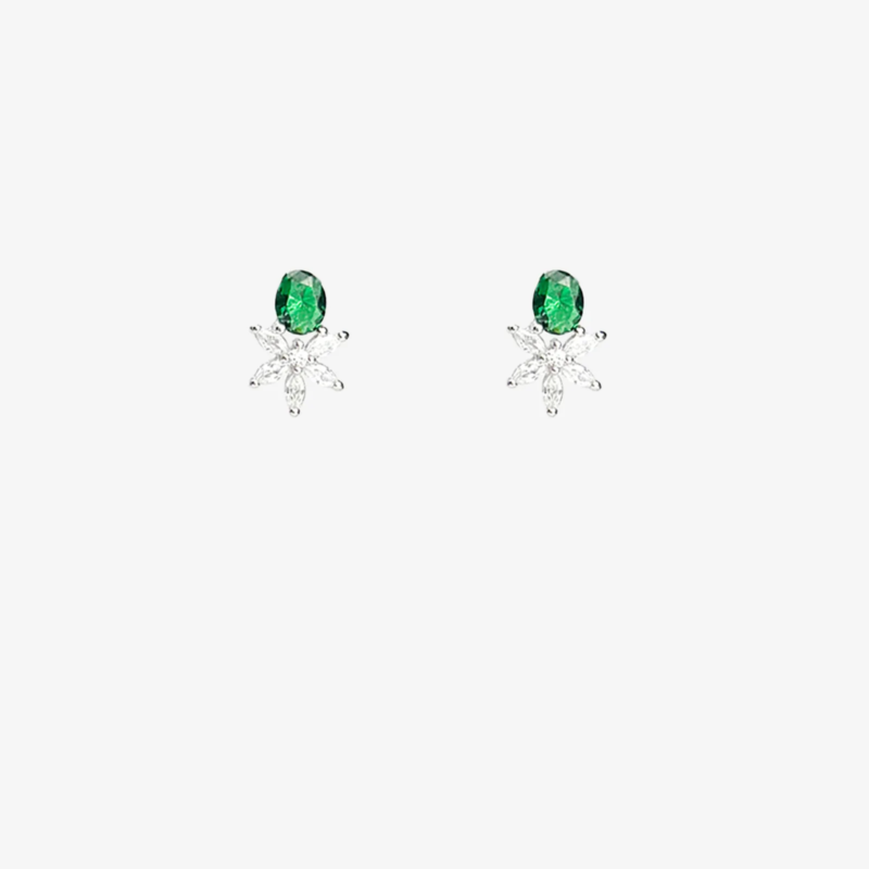 Sterling silver flower stud earrings with green gemstone, front view