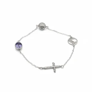 Sterling silver charm bracelet with amethyst accent and delicate chain, top view