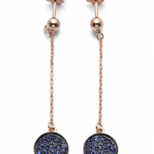 Sterling silver modern dangle earrings with blue stones, front view