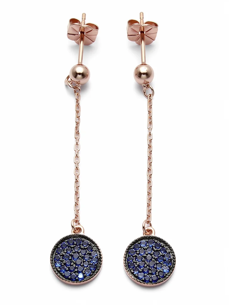 Sterling silver modern dangle earrings with blue stones, front view