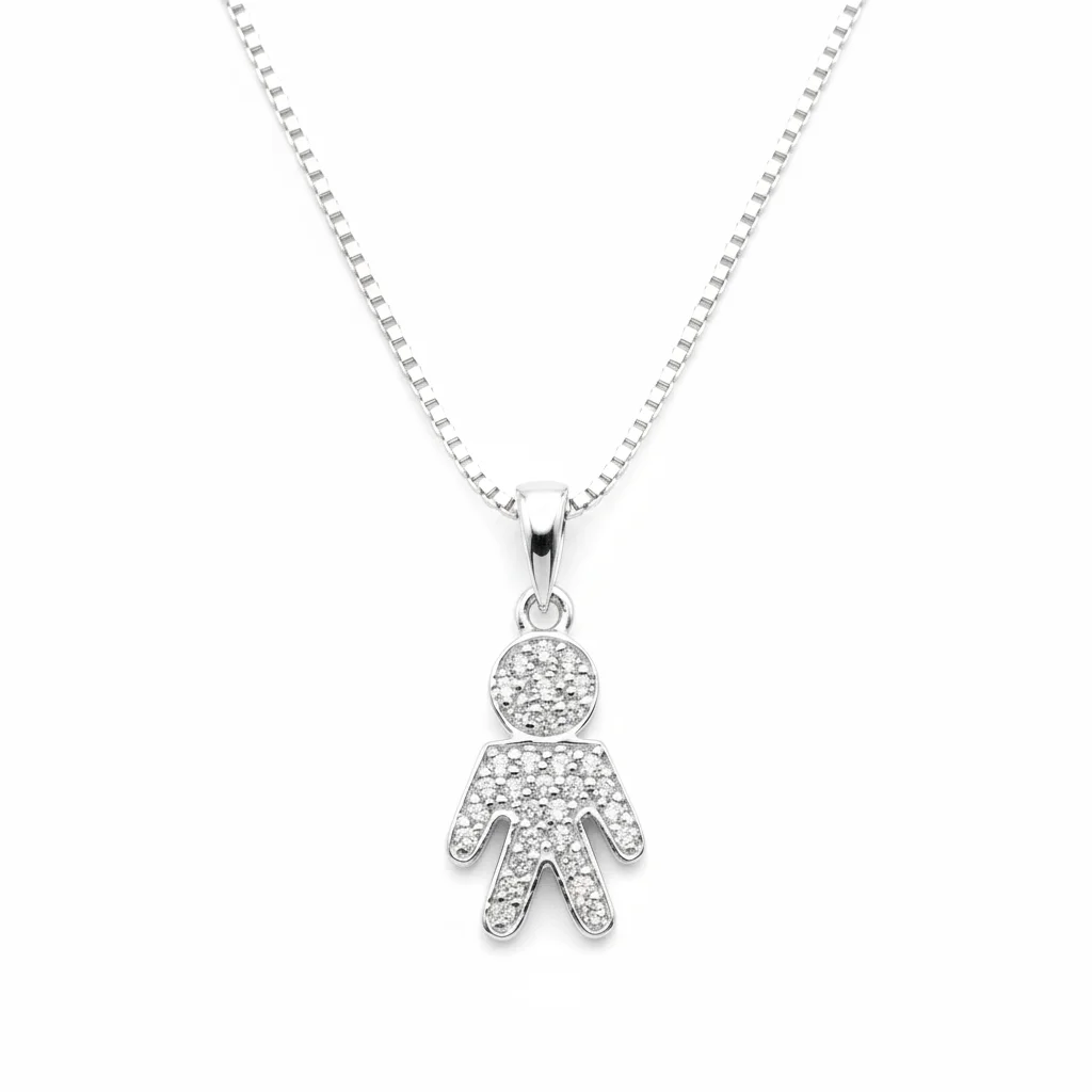 Sterling silver child figure pendant on a delicate chain, front view