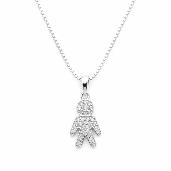 Sterling silver child figure pendant on a chain, front view