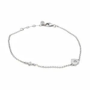 Sterling silver bracelet with heart and cross charms, lobster clasp view