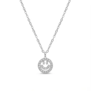 Sterling silver smiley face pendant with cubic zirconia on chain, front view