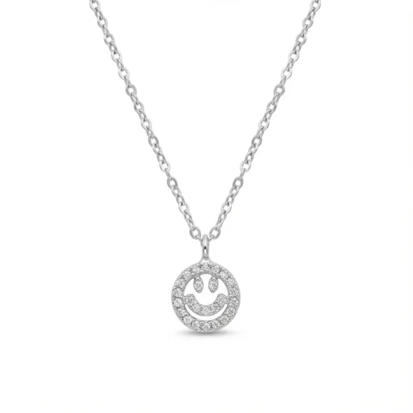 Sterling silver smiley face pendant on chain, front view